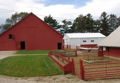 Front view of a red barn